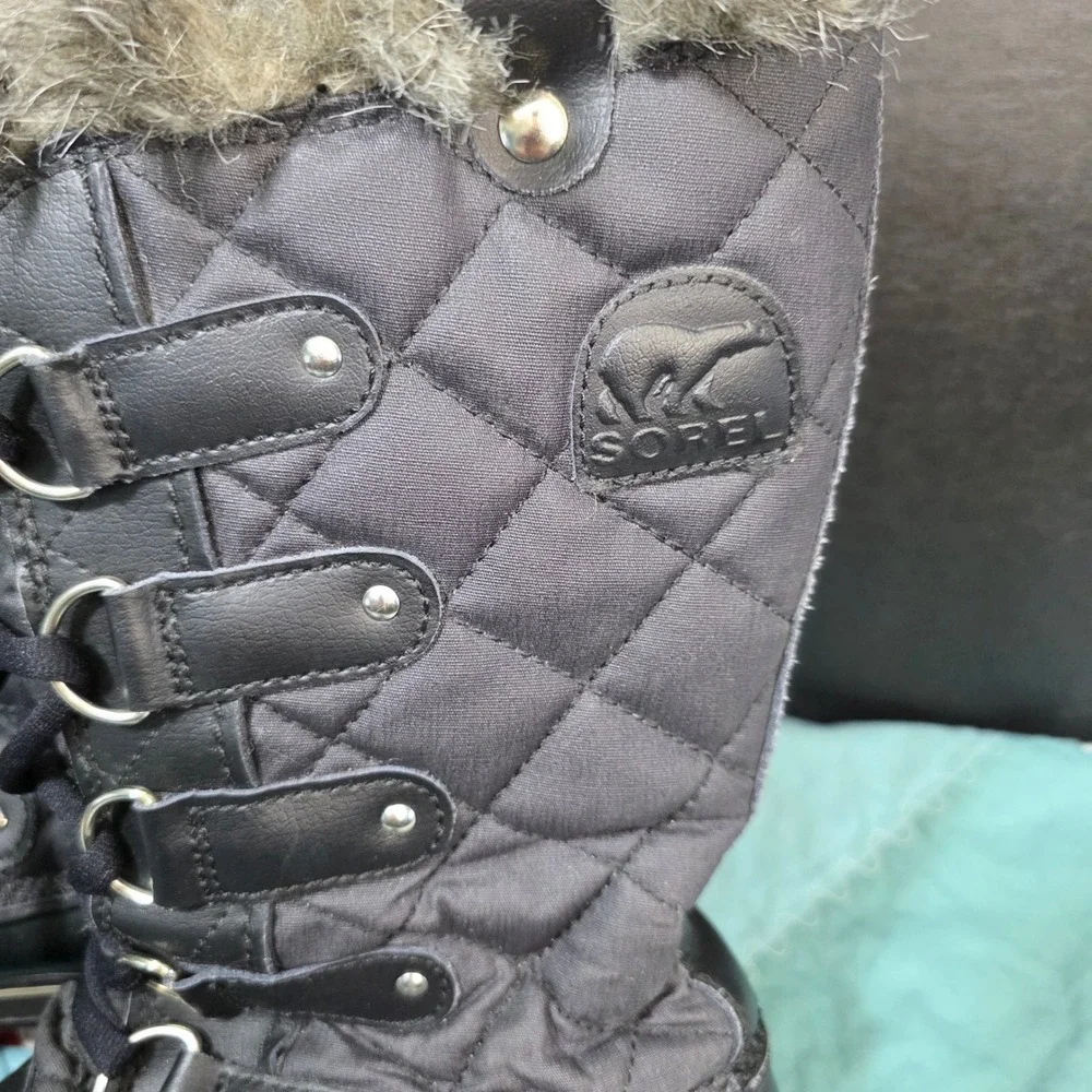 Sorel Tofino Winter Boots Womens 7.5 Black Waterproof Quilted Faux Fur Trim *SEE